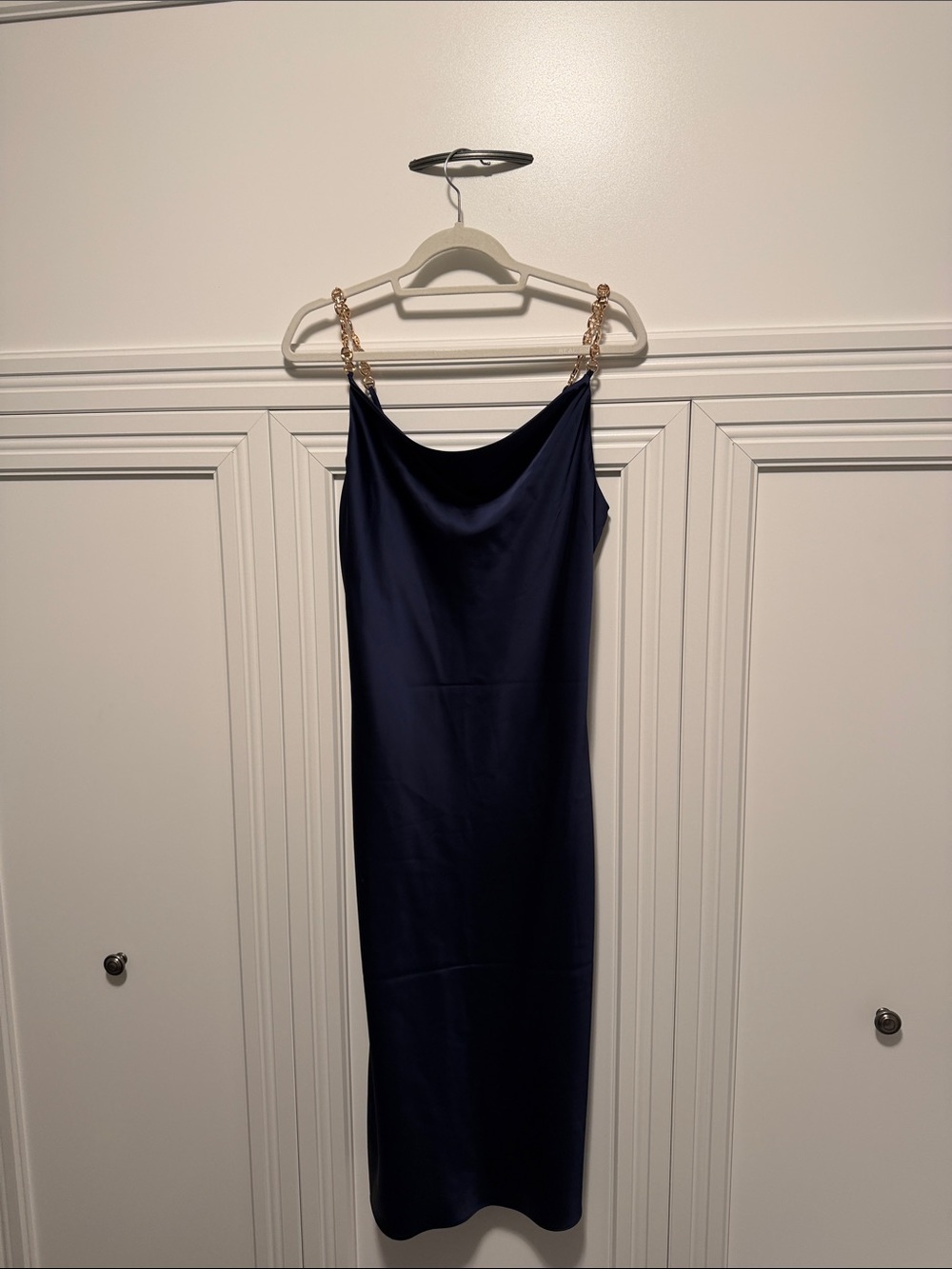 Elegant Navy Slip Dress with Gold Chain Straps house of Harlow